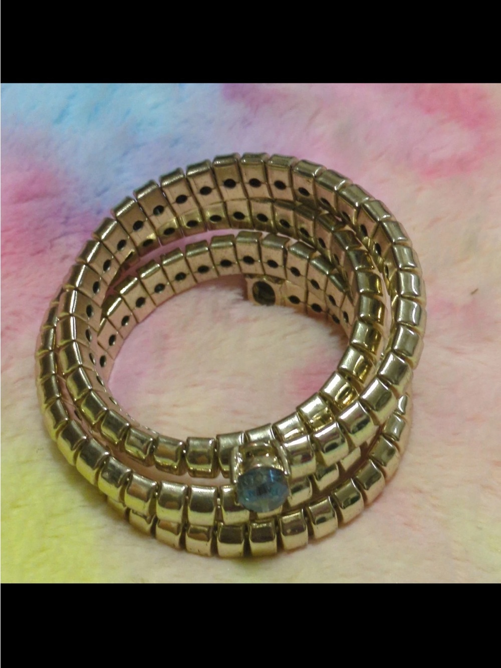 Vintage Gold Coil Tubogas Style Bracelet with Blue Gem Accent